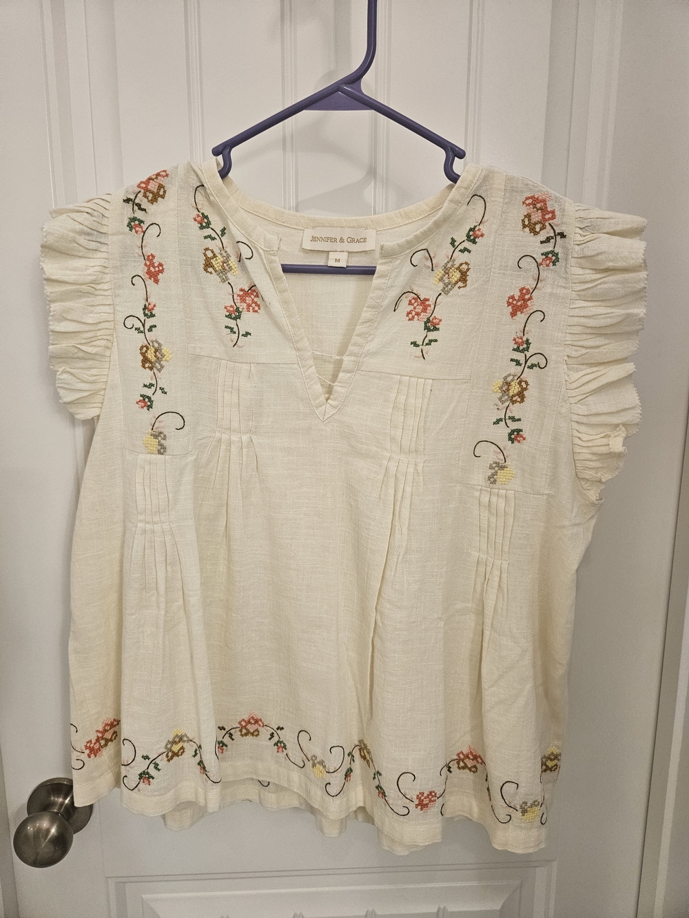 Jennifer & Grace Cream Embroidered Flutter-Sleeve Blouse